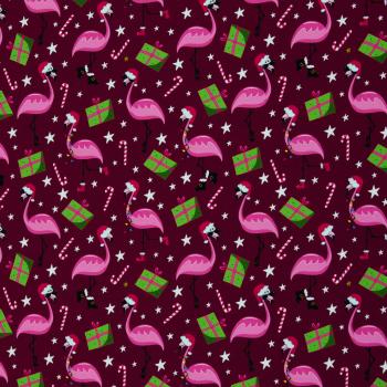 French Terry Holly Weihnachtsflamingos auf Burgundy by Swafing